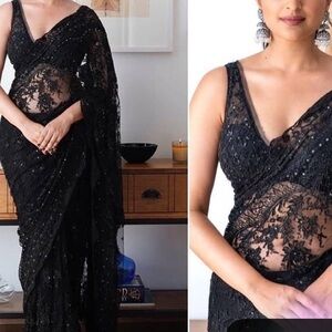 New designer Embroidered net Bollywood Elegant Black Lace Saree with blouse